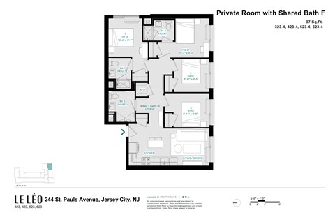 A floor plan of a private room with a shared bath.